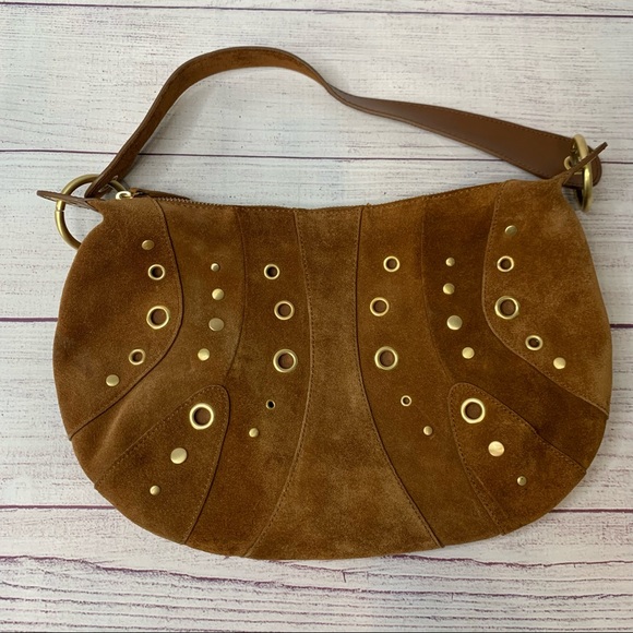 Valerie Stevens Handbags - Valerie Stevens Brown Suede Shoulder Bag Purse Handbag With Metal Grommets Zip